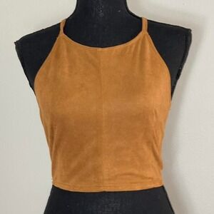 Tan faux suede halter top with adjustable straps
